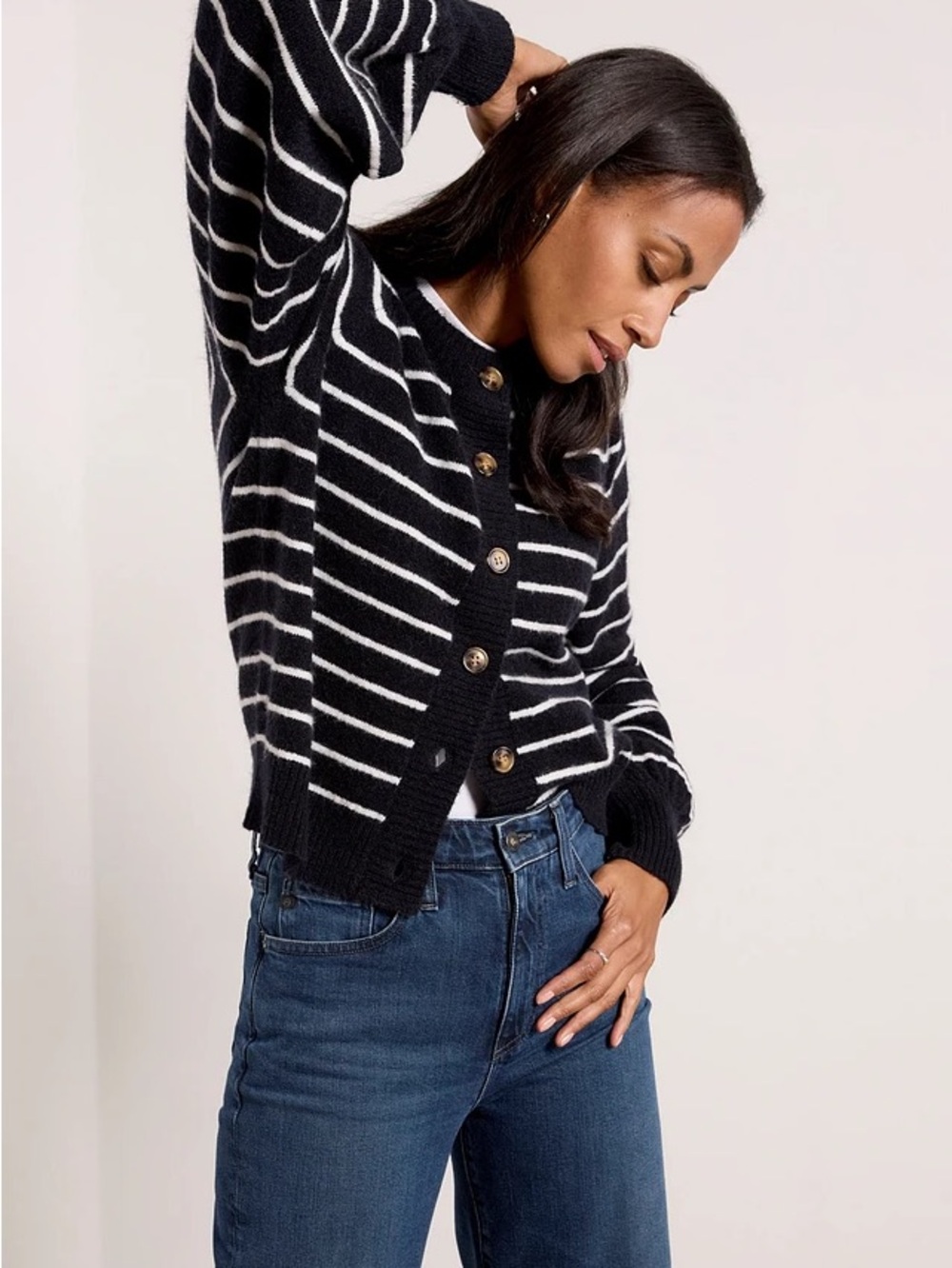 French Connection Navy and White Striped Button-Up Cardigan